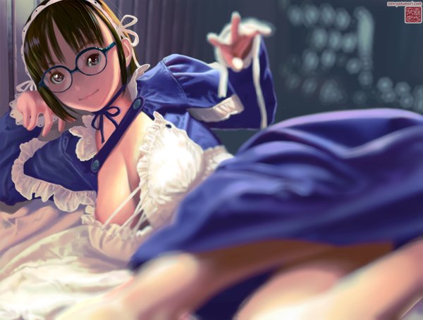 Anime picture 1250x948 with original yasumori zen single looking at viewer short hair breasts light erotic brown hair brown eyes maid revision girl dress uniform glasses headdress maid headdress