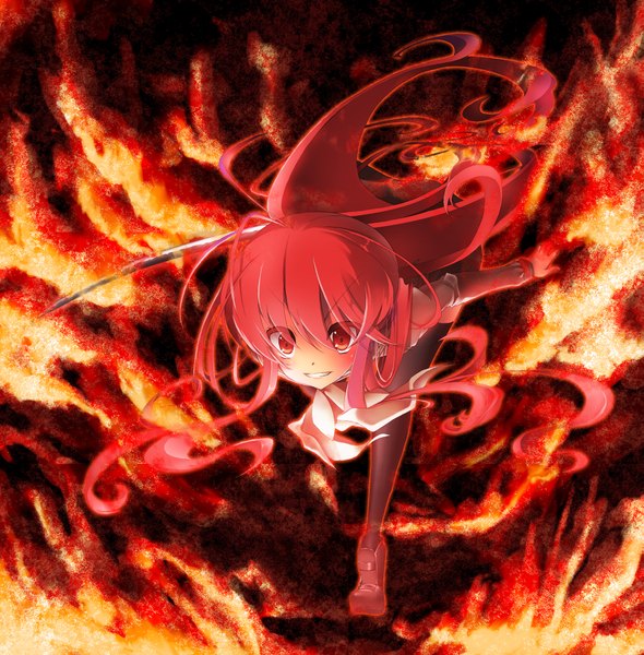 Anime picture 1967x2000 with shakugan no shana j.c. staff shana noi (artist) single long hair tall image highres red eyes red hair girl thighhighs black thighhighs sword fire