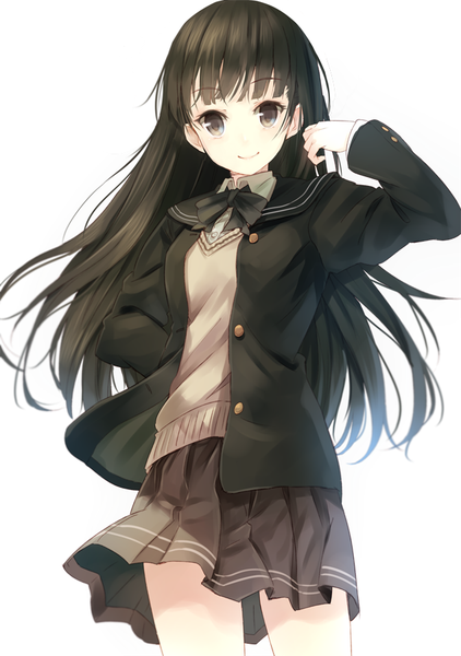 Anime picture 633x900 with paseri single long hair tall image looking at viewer fringe breasts black hair simple background smile white background pleated skirt black eyes adjusting hair girl skirt uniform school uniform miniskirt bowtie