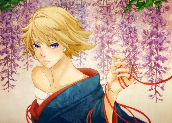 Anime picture 1260x900 with tiger & bunny sunrise (studio) ivan karelin appurike (artist) single short hair blonde hair purple eyes bare shoulders upper body japanese clothes boy flower (flowers) plant (plants) bandage (bandages) thread red thread wisteria