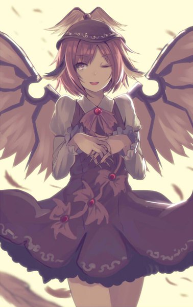 Anime picture 568x900 with touhou mystia lorelei nakaichi (ridil) single tall image short hair open mouth smile standing purple eyes purple hair one eye closed interlocked fingers girl hat wings feather (feathers)
