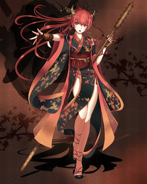 Anime picture 1024x1280 with original nakaichi (ridil) single long hair tall image looking at viewer open mouth red eyes ponytail red hair traditional clothes japanese clothes horn (horns) shadow girl gloves hair ornament kimono fingerless gloves
