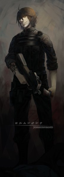 Anime picture 1398x3858 with jormungand white fox chiquita (jormungand) single tall image short hair brown hair green eyes tattoo girl uniform weapon gun blood military uniform knife