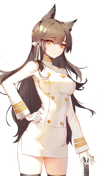 Anime picture 1181x1846 with azur lane atago (azur lane) ban bu bu duou single long hair tall image looking at viewer blush fringe breasts simple background hair between eyes brown hair standing white background holding animal ears ahoge long sleeves arm support