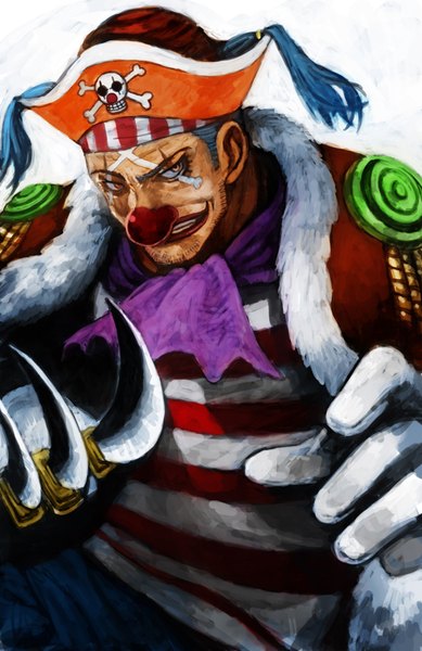 Anime picture 519x800 with one piece toei animation buggy the clown lack single tall image short hair simple background white background yellow eyes blue hair upper body lipstick striped red lipstick clothes on shoulders face paint clown boy gloves
