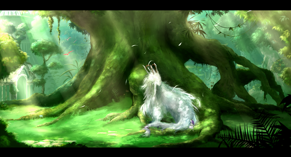 Anime picture 1500x812 with seiken densetsu yatsude wide image horn (horns) letterboxed landscape plant (plants) tree (trees) feather (feathers) dragon castle