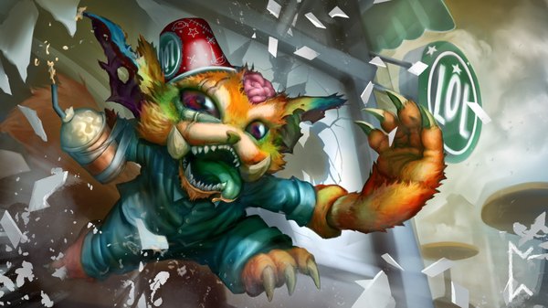 Anime picture 3840x2160 with league of legends gnar (league of legends) gevurah-studios (artist) single highres open mouth red eyes wide image absurdres teeth fang (fangs) scar tongue drink clothes monster claws juice