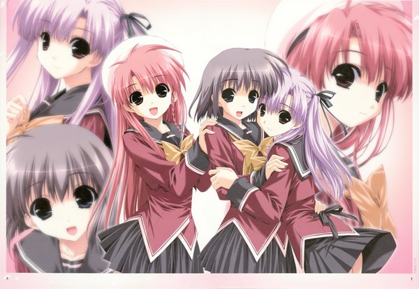 Anime picture 3929x2717 with boy meets girl (game) shintarou long hair highres short hair open mouth blue eyes multiple girls brown eyes pink hair purple hair grey hair 6+ girls 6 girls girl uniform ribbon (ribbons) hair ribbon school uniform