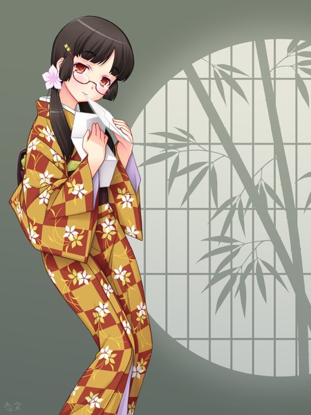 Anime picture 1200x1600 with original yunamul single long hair tall image black hair red eyes japanese clothes girl glasses kimono letter