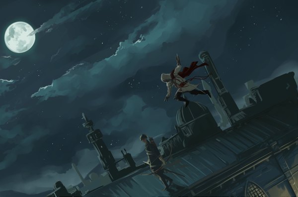 Anime picture 2916x1929 with assassin's creed (game) assassin's creed ii ezio auditore da firenze chanchan highres cloud (clouds) night city jumping boy weapon hat hood building (buildings) moon star (stars) cape cloak full moon bow (weapon)