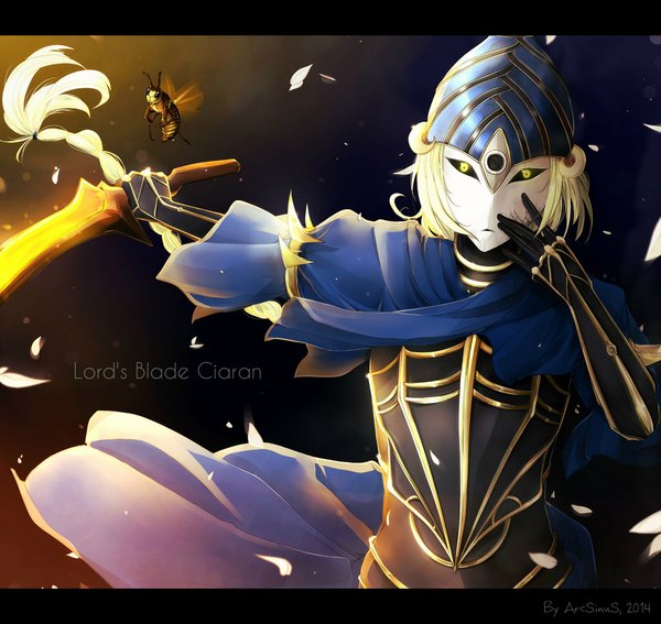 Anime picture 1024x969 with dark souls (series) dark souls from software lord's blade ciaran arcsinus single blonde hair holding signed yellow eyes white hair character names outstretched arm dated letterboxed weapon petals sword armor insect
