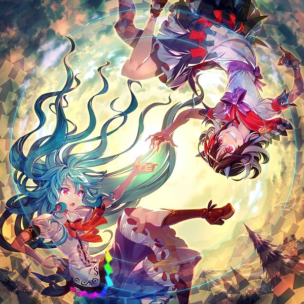 Anime picture 1000x1000 with touhou hinanawi tenshi kijin seija zounose long hair fringe short hair open mouth black hair smile red eyes multiple girls pink eyes horn (horns) aqua hair teeth short sleeves outstretched arm eye contact upside down