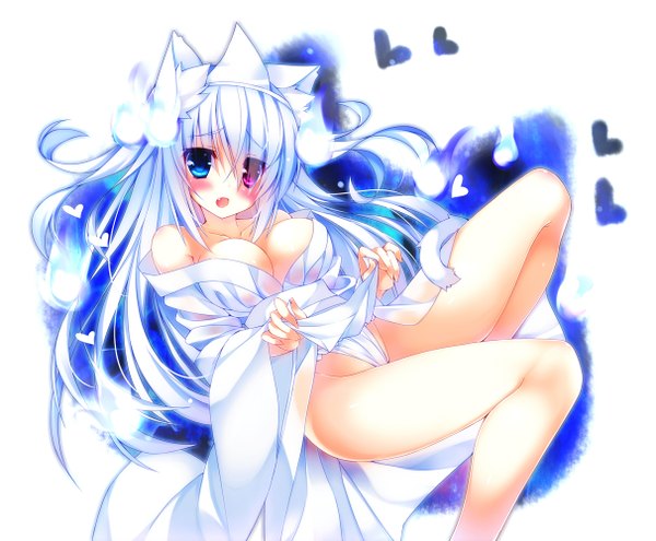 Anime picture 1212x1000 with original ojitcha single long hair blush fringe breasts light erotic hair between eyes white background animal ears blue hair cleavage bent knee (knees) tail traditional clothes japanese clothes animal tail cat ears cat girl
