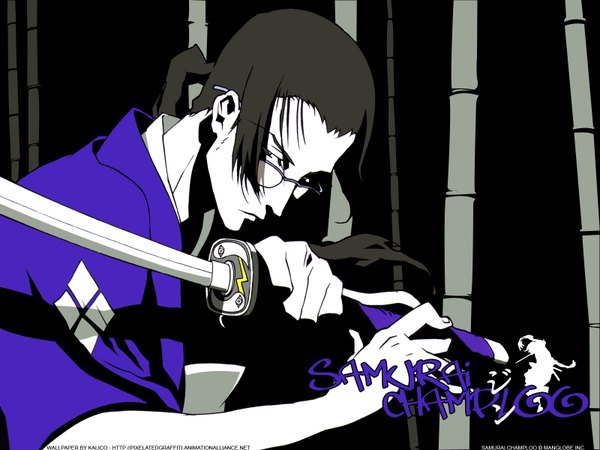 Anime picture 1600x1200 with samurai champloo jinnosuke kalicodreamz hirano emi single long hair looking at viewer black hair signed payot upper body ponytail traditional clothes japanese clothes copyright name vector third-party edit high contrast boy weapon