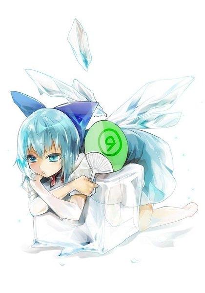 Anime picture 700x999 with touhou cirno no-kan single tall image fringe short hair blue eyes simple background white background blue hair looking away full body barefoot kneeling cute girl dress bow hair bow