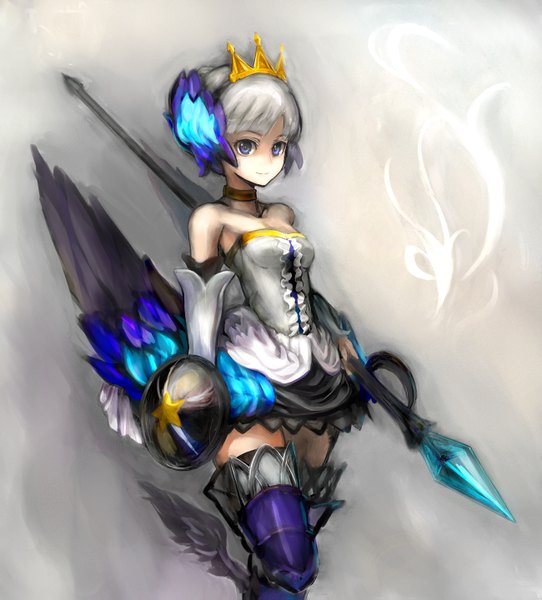 Anime picture 1300x1439 with odin sphere vanillaware gwendolyn conjaku single tall image short hair blue eyes simple background smile bare shoulders silver hair grey background girl detached sleeves wings spear shield