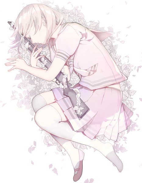 Anime picture 1380x1775 with original ayatoki-1 single tall image short hair blonde hair lying eyes closed on side sleeping single shoe girl thighhighs skirt uniform flower (flowers) weapon miniskirt petals white thighhighs