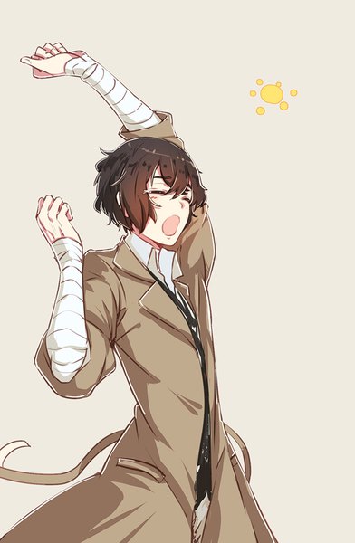 Anime picture 671x1026 with bungou stray dogs studio bones dazai osamu (bungou stray dogs) kitsune (pixiv5601263) single tall image fringe short hair open mouth simple background hair between eyes brown hair eyes closed arm up yawn boy cloak bandage (bandages)