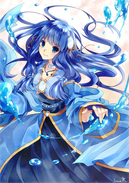 Anime picture 650x922 with original inma r. single long hair tall image blue eyes simple background smile white background blue hair magic girl dress gloves hair ornament water fingerless gloves necklace blue dress