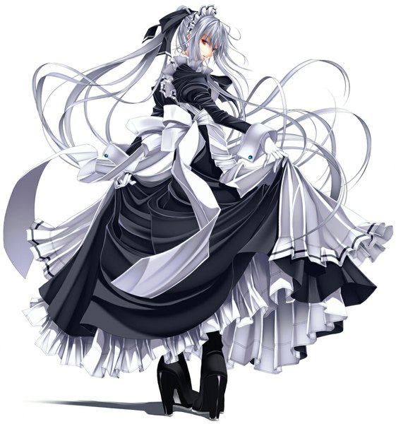 Anime picture 936x1000 with original doa (wabisabi) single long hair tall image looking at viewer simple background red eyes standing white background holding silver hair ponytail very long hair from behind shadow maid high heels girl dress