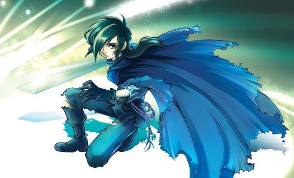 Anime picture 1500x913 with princess tutu fakir (tutu) single long hair fringe wide image green eyes green hair hair over one eye light boy gloves sword