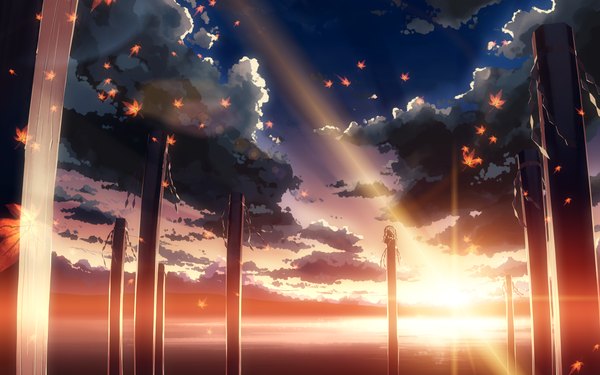 Anime picture 3840x2400 with touhou studio sdt yasaka kanako yuuki tatsuya highres wide image cloud (clouds) landscape lake morning sunrise gensokyo girl water leaf (leaves) sun pillar