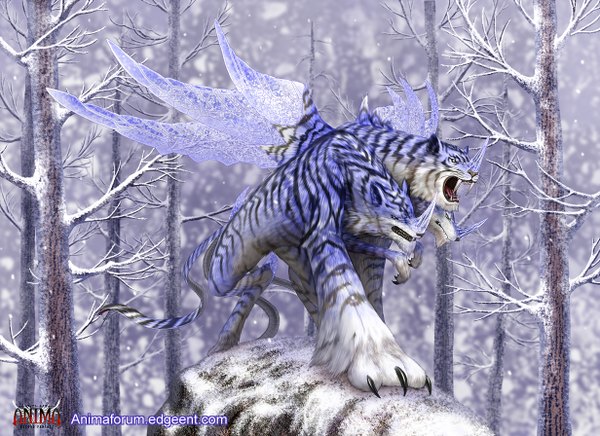 Anime picture 1232x896 with anima tail horn (horns) teeth fang (fangs) snowing winter snow wings tree (trees) forest monster claws creature