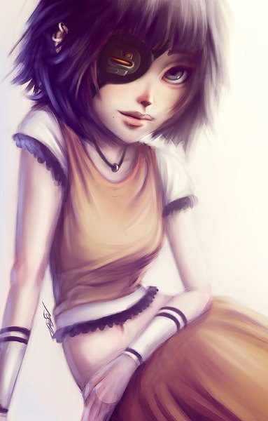 Anime picture 724x1134 with original rafaarsen single tall image looking at viewer short hair black hair simple background purple eyes lips mole bare belly piercing girl navel choker eyepatch t-shirt