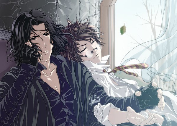 Anime picture 800x568 with harry potter severus snape harry potter (character) yana goya (artist) short hair black hair brown hair sitting eyes closed fingernails wind lips black eyes multiple boys open shirt piercing scar reclining sleeping partially open clothes