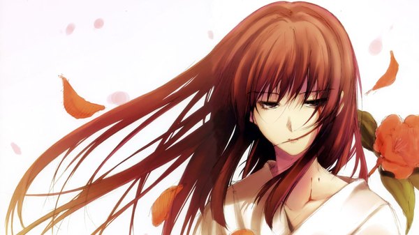 Anime picture 1920x1080 with sugina miki single long hair highres brown hair wide image brown eyes girl petals rose (roses) blood