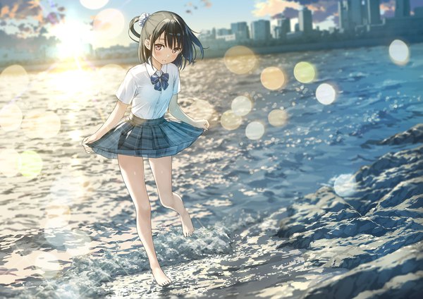 Anime picture 2200x1553 with original shizuku (kantoku) kantoku single looking at viewer blush fringe highres short hair black hair smile standing payot sky cloud (clouds) full body outdoors parted lips pleated skirt pink eyes
