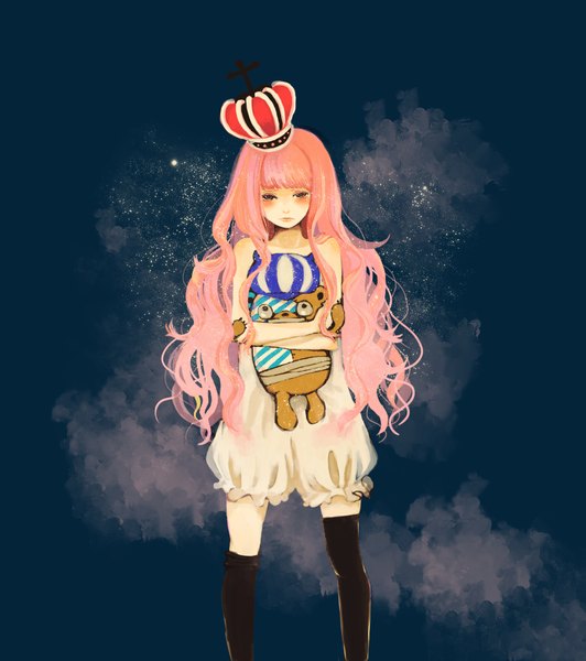 Anime picture 1134x1278 with one piece toei animation perona kumacy qiu (qiiiu) long hair tall image simple background pink hair hug blue background girl thighhighs black thighhighs hat toy crown teddy bear bear