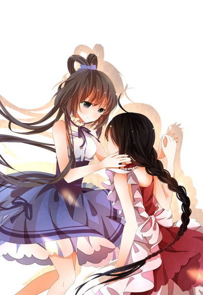 Anime picture 1000x1453 with vocaloid vocaloid china luo tianyi yuezheng ling karei (pixiv 3289464 ) long hair tall image blush black hair white background purple eyes bare shoulders multiple girls braid (braids) light smile grey hair shadow holding hands girl dress