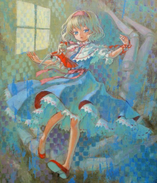 Anime picture 2512x2914 with touhou alice margatroid shanghai ama-tou tall image highres short hair blue eyes blonde hair checkered girl dress bow hair bow headdress doll (dolls)