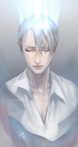 Anime picture 800x1500 with yuri!!! on ice mappa viktor nikiforov shizax single tall image fringe short hair simple background hair between eyes signed upper body eyes closed grey hair grey background partially open clothes glow boy shirt white shirt