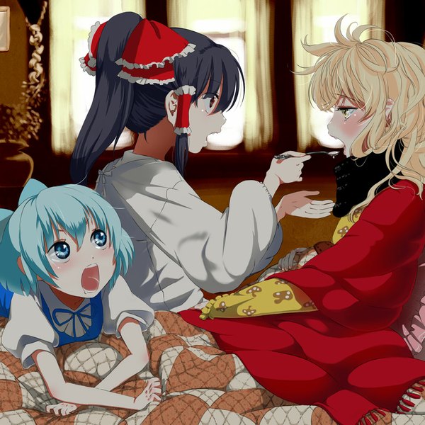 Anime picture 1000x1000 with touhou hakurei reimu kirisame marisa cirno yamada ranga long hair blush short hair open mouth blue eyes black hair blonde hair red eyes sitting multiple girls blue hair ponytail profile eating girl