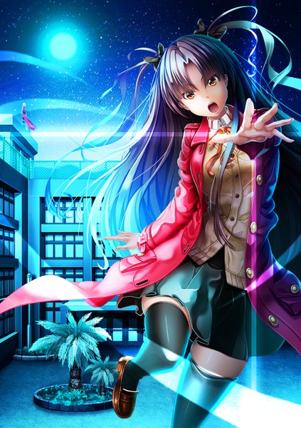 Anime picture 1000x1419 with fate (series) fate/stay night type-moon toosaka rin archer (fate) kumataka single long hair tall image looking at viewer short hair open mouth black hair standing twintails brown eyes bent knee (knees) white hair pleated skirt night