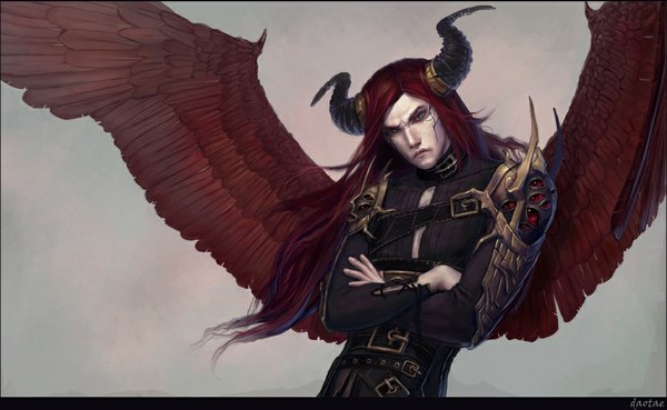 Anime picture 1024x631 with original daotae single long hair wide image red hair horn (horns) realistic facial mark scar crossed arms face paint demon demon boy boy wings