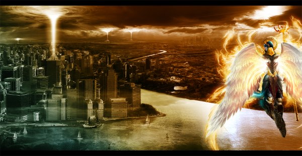 Anime picture 1299x672 with original sith x (artist) wide image city cityscape angel panorama wings water staff