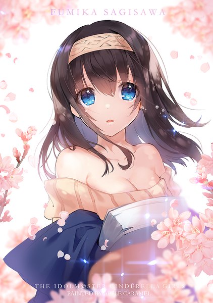 Anime picture 800x1136 with idolmaster idolmaster cinderella girls sagisawa fumika apple caramel single long hair tall image looking at viewer blush fringe breasts open mouth blue eyes black hair hair between eyes standing bare shoulders holding signed cleavage