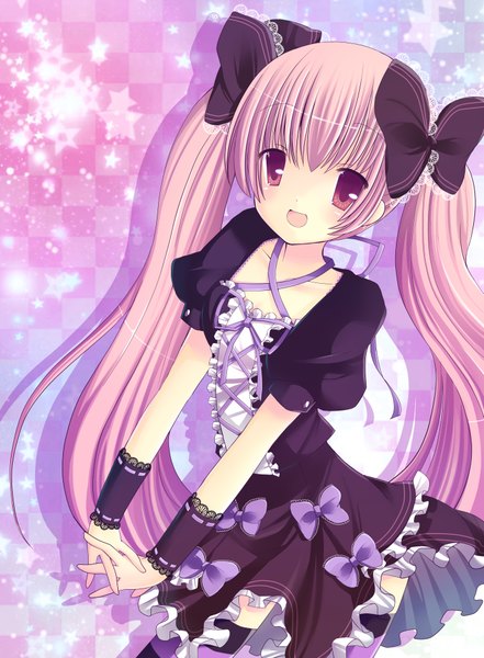 Anime picture 2862x3896 with ringonotane (muku) single tall image looking at viewer highres open mouth smile red eyes twintails purple hair very long hair checkered checkered background girl thighhighs dress bow hair bow star (symbol) striped thighhighs