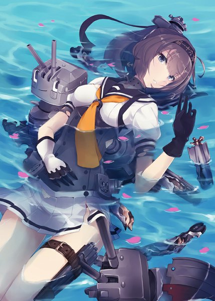 Anime picture 700x979 with kantai collection akizuki destroyer pokimari single long hair tall image looking at viewer fringe brown hair purple eyes ponytail lying pleated skirt bare legs partially submerged afloat girl skirt gloves ribbon (ribbons)