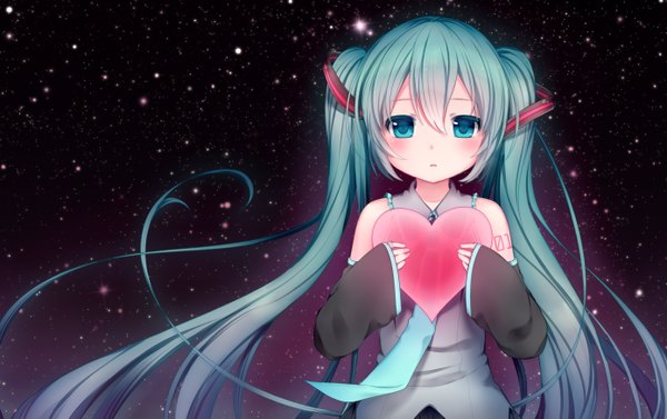 Anime picture 1390x875 with vocaloid hatsune miku nachi single looking at viewer blush twintails very long hair aqua eyes aqua hair girl hair ornament detached sleeves necktie heart