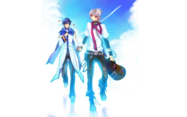 Anime picture 1280x800 with vocaloid kaito (vocaloid) honne dell blue eyes simple background red eyes wide image blue hair sky cloud (clouds) grey hair couple holding hands shounen ai boy shirt food heart sweets scarf