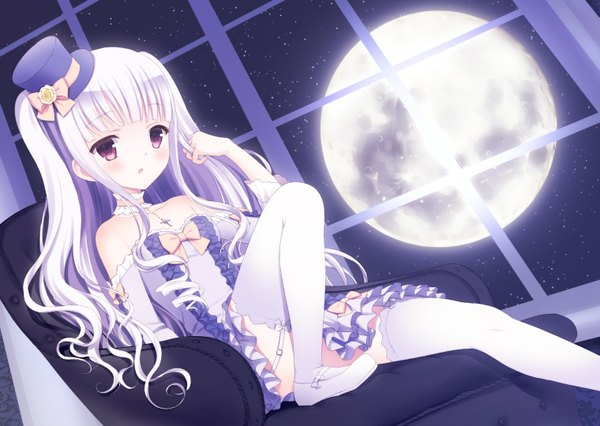 Anime picture 1519x1080 with original suzu (kosakabe) long hair looking at viewer blush open mouth purple eyes white hair night loli girl thighhighs dress hat detached sleeves white thighhighs frills window moon