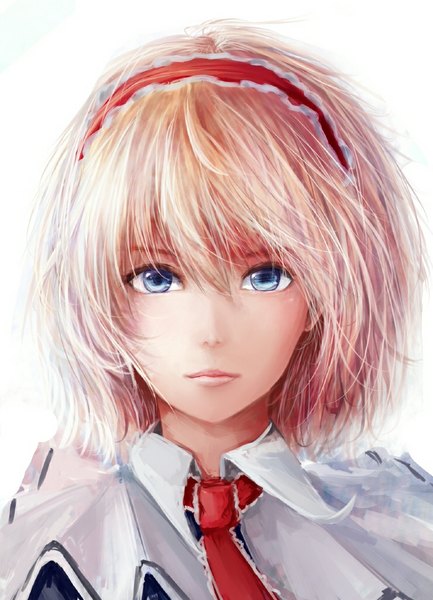 Anime picture 739x1024 with touhou alice margatroid hiiragijuu single tall image looking at viewer fringe short hair blue eyes blonde hair simple background white background lips portrait close-up face girl hairband