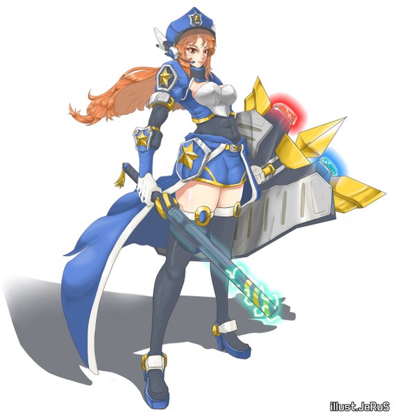 Anime picture 1200x1264 with league of legends leona (league of legends) trombe single long hair tall image fringe breasts blue eyes light erotic simple background large breasts standing orange hair shadow orange eyes girl gloves uniform weapon