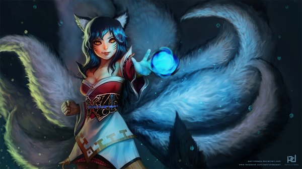 Anime picture 1920x1080 with league of legends ahri (league of legends) patrick deza single long hair looking at viewer fringe highres wide image animal ears blue hair tail animal tail light smile lips teeth orange eyes fang (fangs) fox ears magic