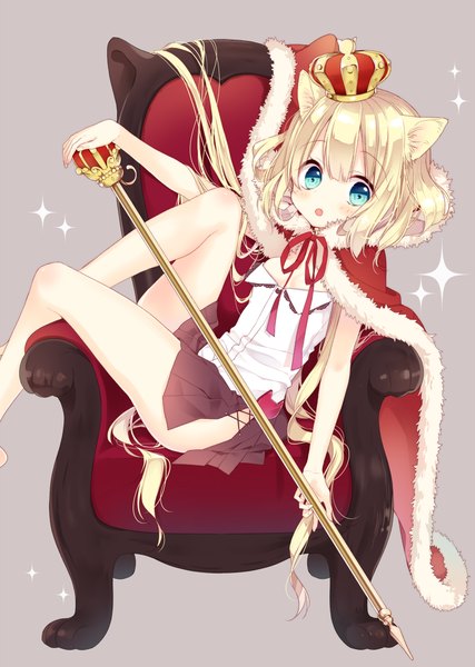 Anime picture 754x1059 with original naoto (tulip) single long hair tall image looking at viewer blush fringe open mouth blue eyes light erotic simple background blonde hair animal ears bent knee (knees) cat ears bare legs sparkle fur trim girl