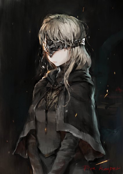 Anime picture 620x877 with dark souls (series) dark souls dark souls 3 from software fire keeper hxxg single long hair tall image simple background standing silver hair upper body long sleeves light smile lips character names black background covering eye (eyes) girl